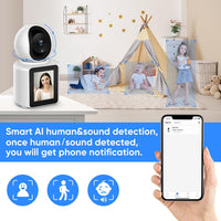Two-Way Video/Audio Indoor Camera, Pet Dog Cameras with App, 2K Home Security Camera with Pan Tilt, Night Vision, One-Button Call, Motion Detection, Human/Sound/Crying Detection, Cloud & SD