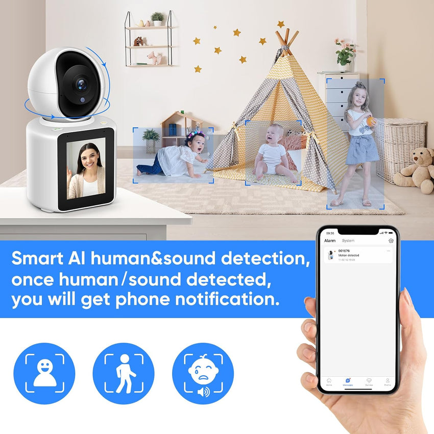 Two-Way Video/Audio Indoor Camera, Pet Dog Cameras with App, 2K Home Security Camera with Pan Tilt, Night Vision, One-Button Call, Motion Detection, Human/Sound/Crying Detection, Cloud & SD