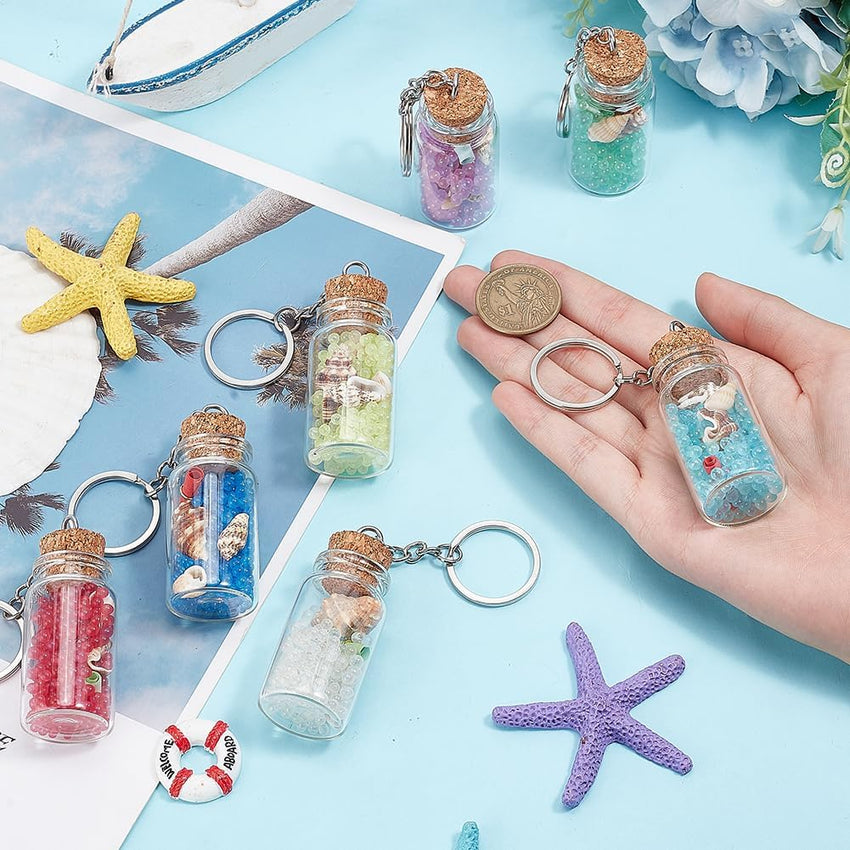 PH PandaHall 7pcs Luminous Glass Keychain, Mini Corked Bottles with Luminous Beads, Backpack Bag Hanging Wedding Party Favors