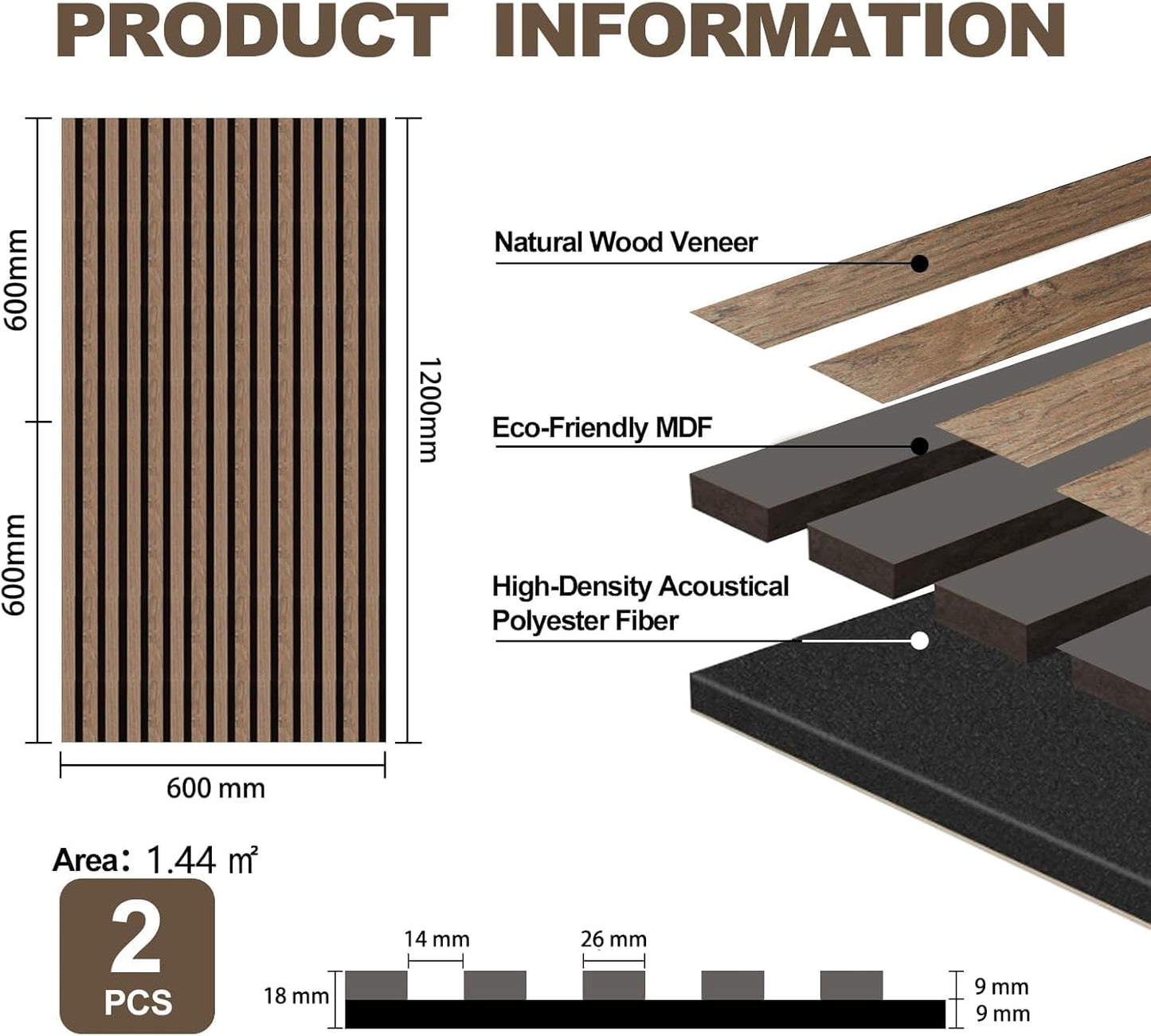 Acoustic Wall Wood Panels 2 Pack â 1200 x 600 mm Dark Walnut