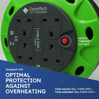 Desiretech - 4 Socket Extension Lead - 5m Portable Cable Reel - Thermal Cut Out, Ergonomic Handle, Green/Black - Heavy Duty Extension Cord for Indoor Use (5 Metre)