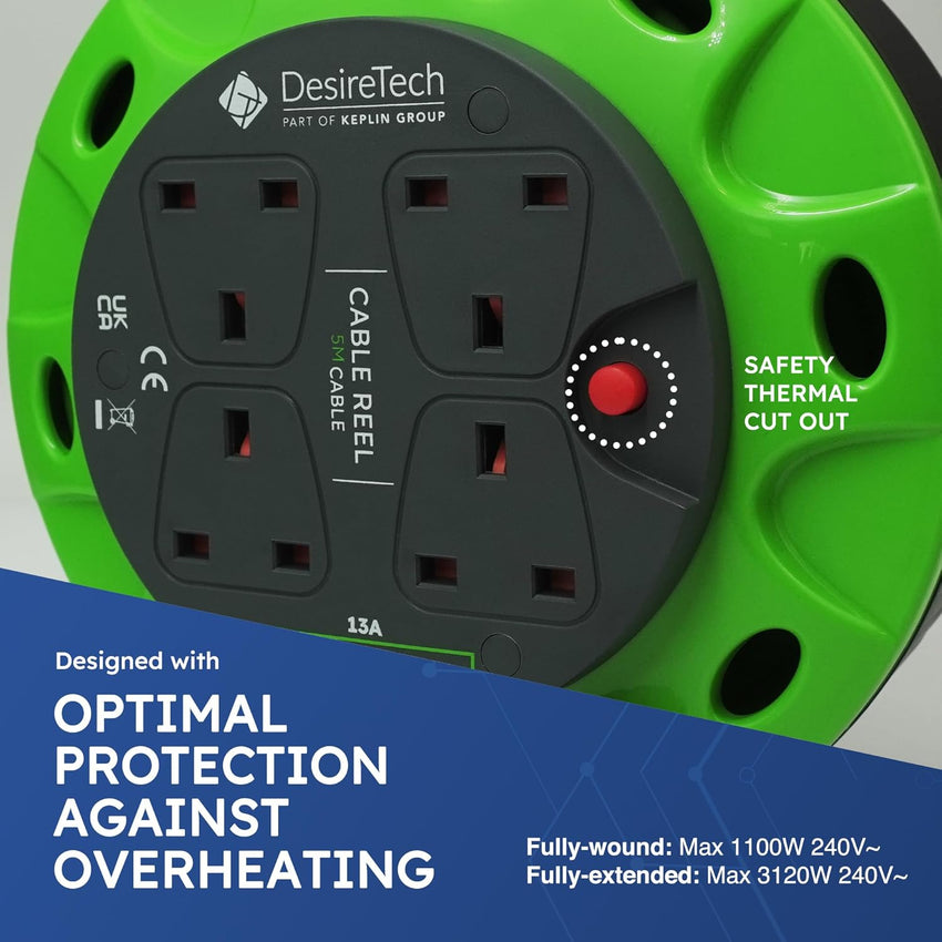 Desiretech - 4 Socket Extension Lead - 5m Portable Cable Reel - Thermal Cut Out, Ergonomic Handle, Green/Black - Heavy Duty Extension Cord for Indoor Use (5 Metre)