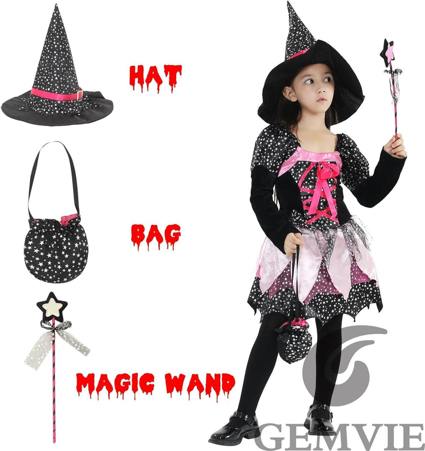 GEMVIE Halloween Witch Costume for Kids â Dress, Hat, Wand, Candy Bag