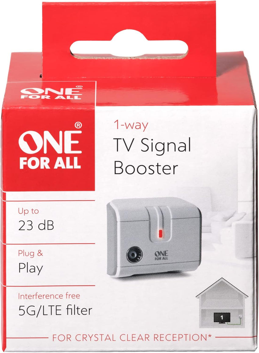 One For All Signal Booster/Splitter for TV - 1 Outputs - 23dB (14x amplified) - Plug and Play - For interference free reception - Full HD compatible - white - SV9601
