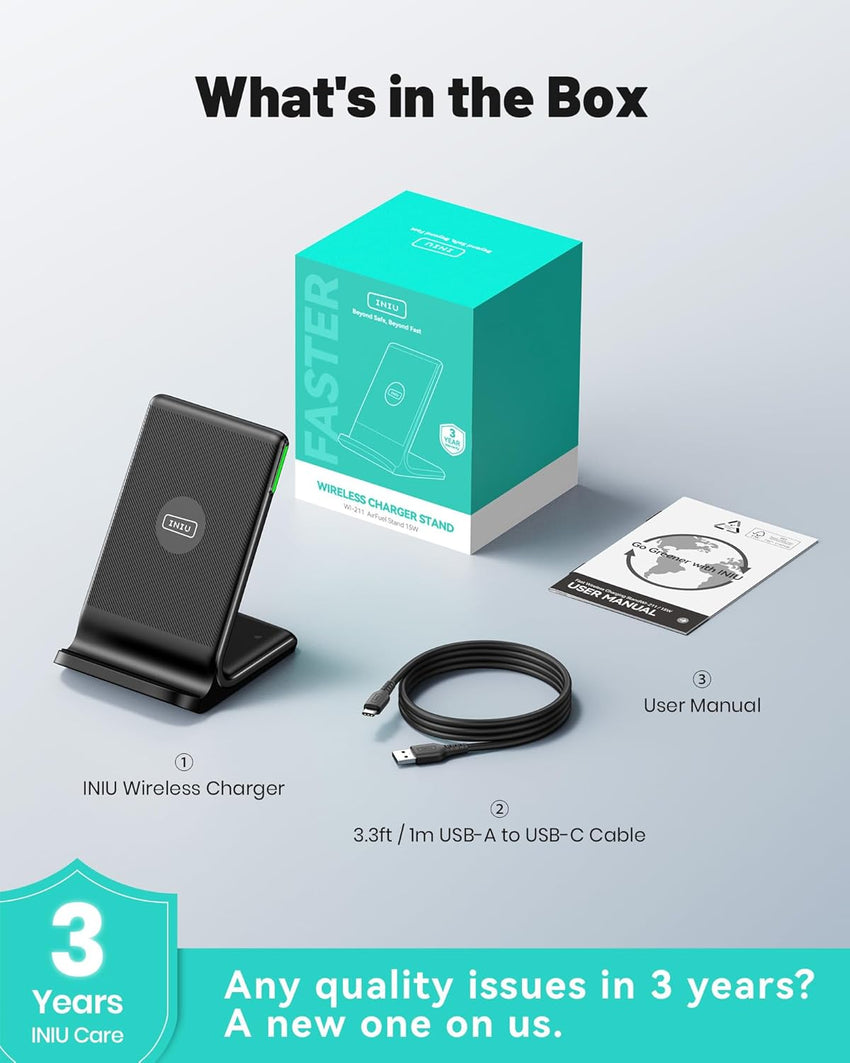 INIU Wireless Charger Stand, 15W Fast Charging Dock Phone Charger, Adaptive LED Wireless Charging Station for iPhone 17 16 15 14 13 12 11 Pro Max, Samsung S23 S22 S21, Google Pixel 8 7 6 etc.