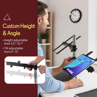 Portable Dual Laptop Stand with Clamp-On Shelf, Adjustable Height, Ergonomic Desk Attachment for Charging Station, Treadmill Use, Keyboard Extender, Workstation, and Gaming Setup