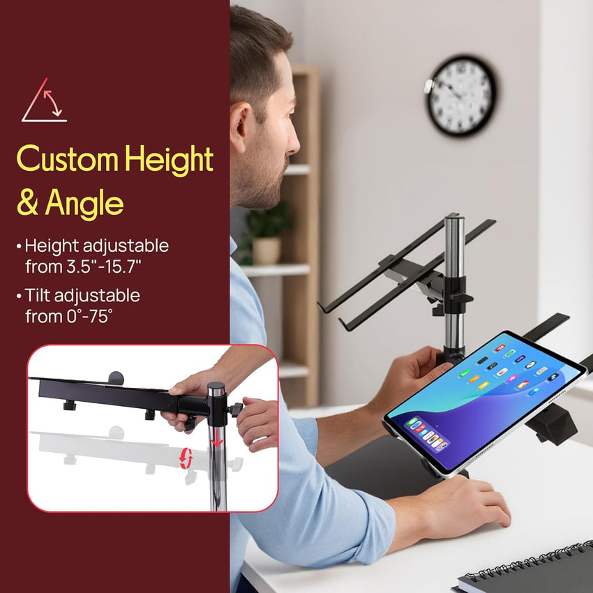 Portable Dual Laptop Stand with Clamp-On Shelf, Adjustable Height, Ergonomic Desk Attachment for Charging Station, Treadmill Use, Keyboard Extender, Workstation, and Gaming Setup