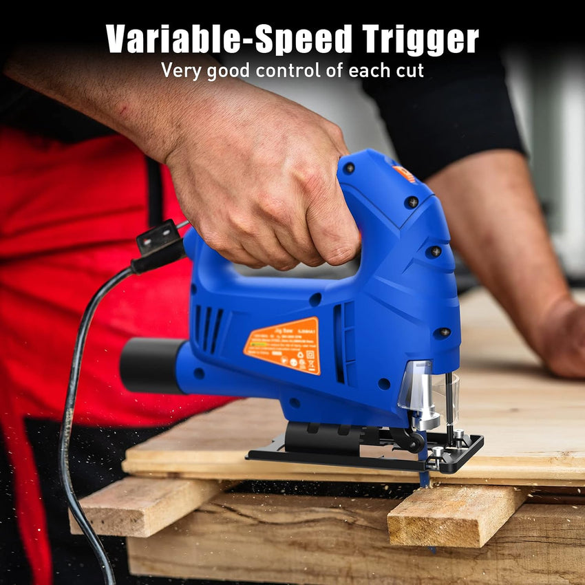 SORAKO 600W Corded Jigsaw for Wood & Metal | 800-3000SPM Electric Jigsaw with 6 Speeds + 3 Orbital Settings | 45ÃÂ° Bevel Cutting, 60mm Wood Cutting Depth