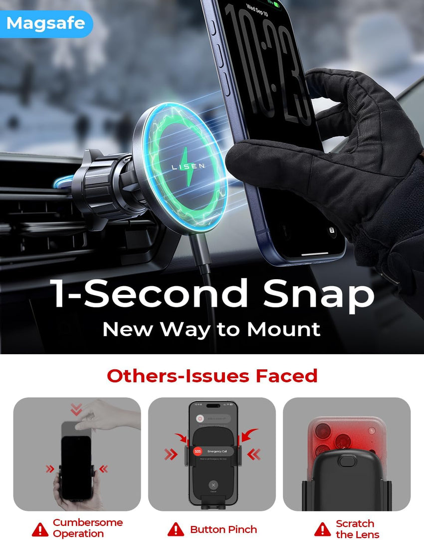 LISEN for Magsafe Car Mount Charger [15W Top Charge] Magnetic Car Phone Holder for iPhone 17 Pro Max Wireless Charger Phone Holder For iPhone 17 Pro Max Air 16 15 14 Magsafe Accessories Non Slip Mat
