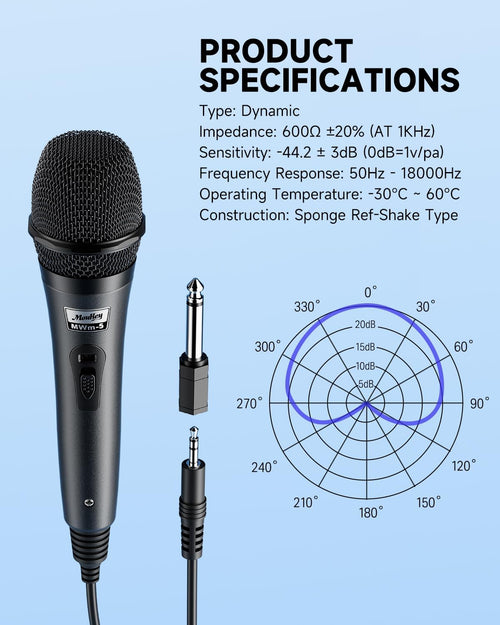 Moukey Dynamic Microphone, Home Karaoke Microphone with 13ft XLR Cable, Cardioid Metal Handheld Wired Mic for Singing/Karaoke/Stage, Compatible w/Speaker/Amp/Mixer/Karaoke Machine, Gray