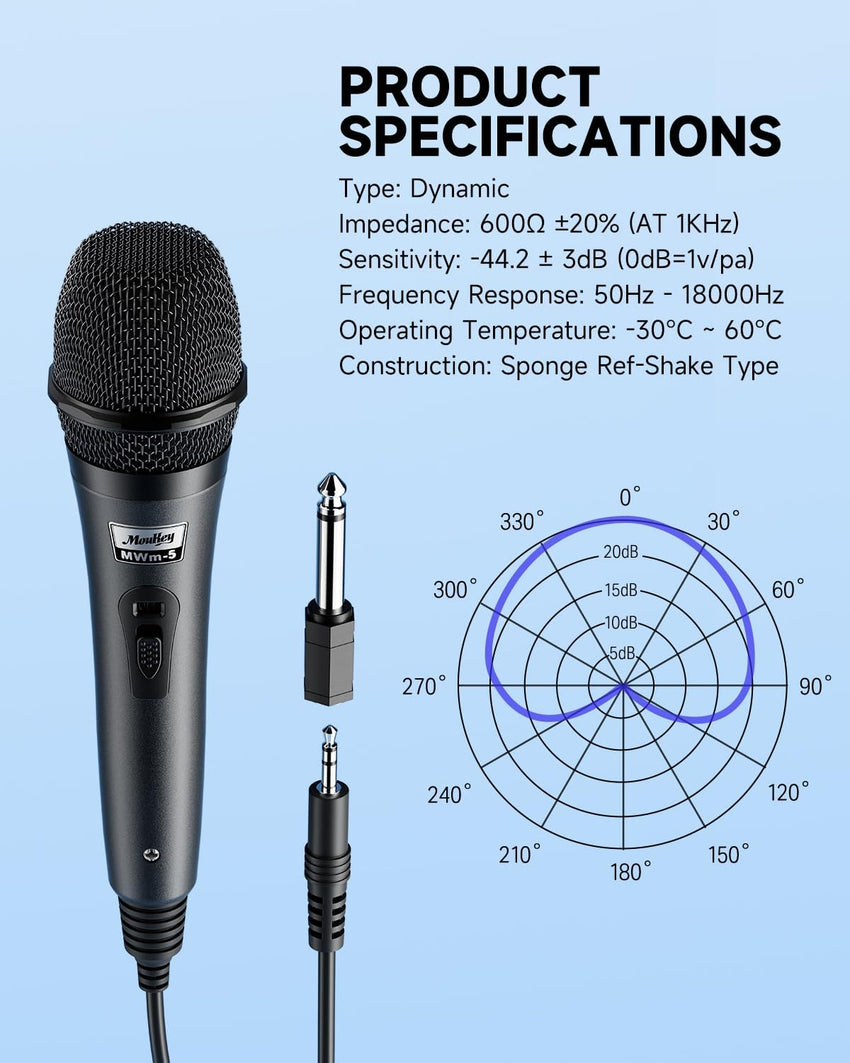 Moukey Dynamic Microphone, Home Karaoke Microphone with 13ft XLR Cable, Cardioid Metal Handheld Wired Mic for Singing/Karaoke/Stage, Compatible w/Speaker/Amp/Mixer/Karaoke Machine, Gray