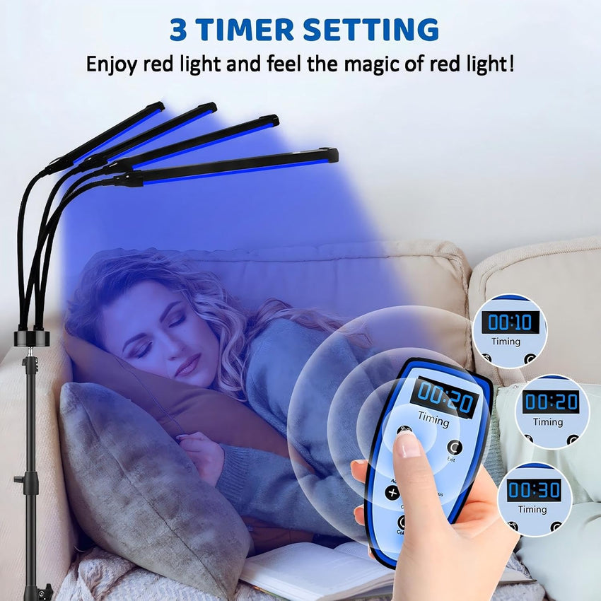 Red Light Lamp, 180LEDs Blue Light & Infrared Light with Stand, 415nm & 660nm & 850nm Infrared Light, 4 Heads Infrared Lamp with 3 Timing Settings, for Home Use