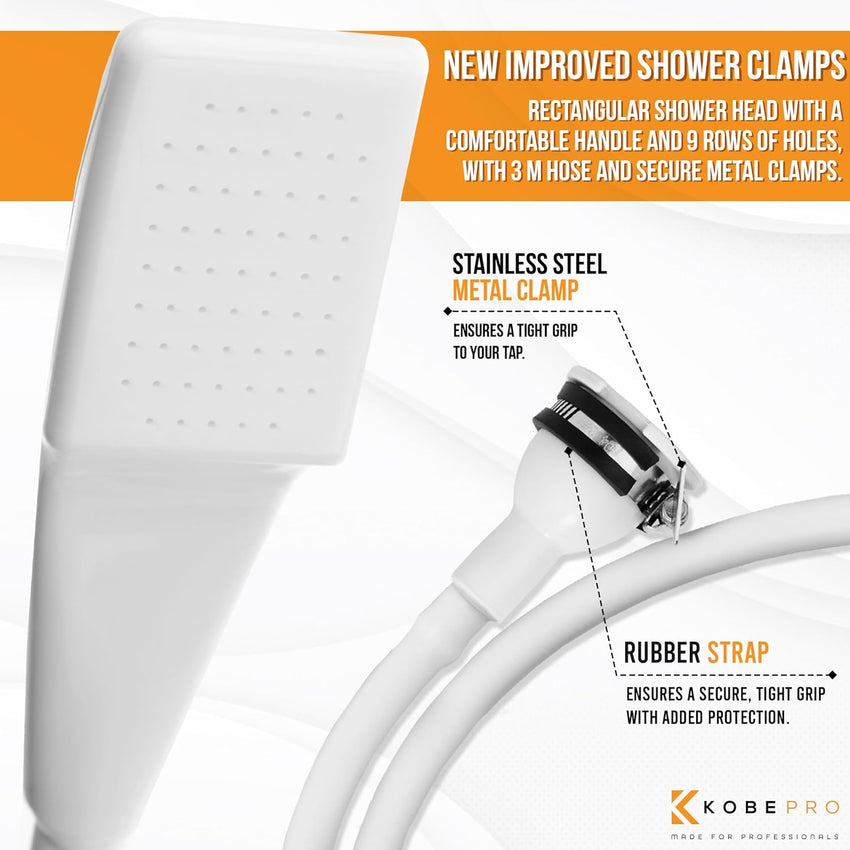Kobe Professional Shower Head and Extra Long Hose Set for Bath Taps/Tap Shower Attachment - Secure Fit Clamp Included - Perfect Portable Shower/Portable Dog Shower - 3m Hose