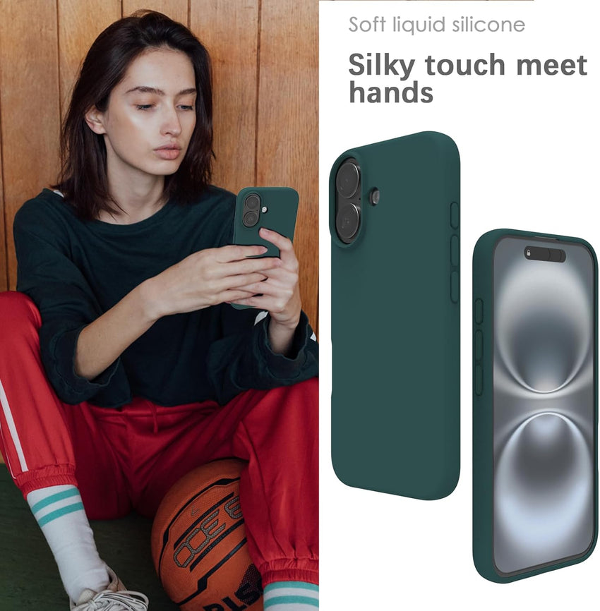 YATWIN Silicone Case for iPhone 16, Soft-Touch, Shockproof, DustProof, Antiskid Full Body Armour Phone Cover for Apple iPhone 16 - Dark Green