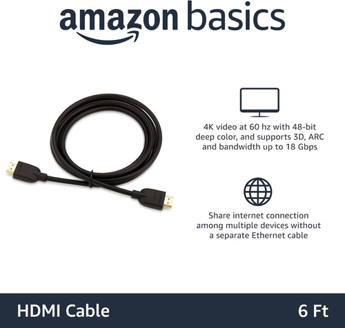 Amazon Basics HDMI Cable, 6ft, 4K@60Hz, High-Speed 4K HDMI 2.0 Cord (18Gbps), 2160p, 48 bit, Compatible with TV/PS5/Xbox/Roku, Black