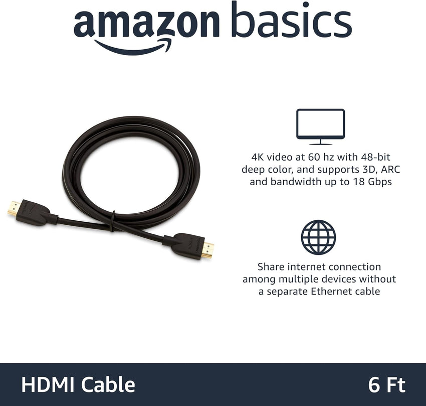 Amazon Basics HDMI Cable, 6ft, 4K@60Hz, High-Speed 4K HDMI 2.0 Cord (18Gbps), 2160p, 48 bit, Compatible with TV/PS5/Xbox/Roku, Black