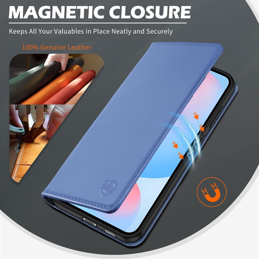 SHIELDON Flip Case for Galaxy S24 FE 6.7", Genuine Leather Wallet Case with [Kickstand][RFID Blocking][Card Slots][Magnetic Closure] Shockproof Phone Cover Compatible with Galaxy S24FE - Navy Blue