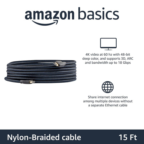 Amazon Basics HDMI Cable, 18Gbps High-Speed, 4K@60Hz, 2160p, Nylon-Braided Cord, Ethernet Ready, 4.6 m, Black & Blue