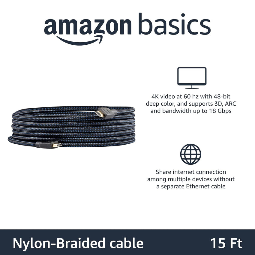 Amazon Basics HDMI Cable, 18Gbps High-Speed, 4K@60Hz, 2160p, Nylon-Braided Cord, Ethernet Ready, 4.6 m, Black & Blue