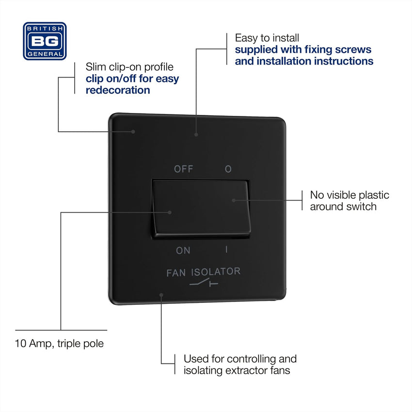 BG Fan Isolator Switch Triple Pole 10A - Matt Black