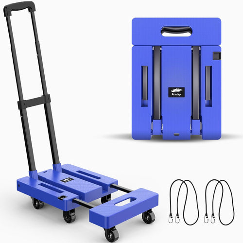 Ronlap Folding Hand Truck, 6 Wheels Fold Up Hand Cart with 2 Elastic Ropes, Portable 225KG Capacity Heavy Duty Luggage Cart, Utility Dolly Platform Cart for Car House Office Luggage Moving, Blue