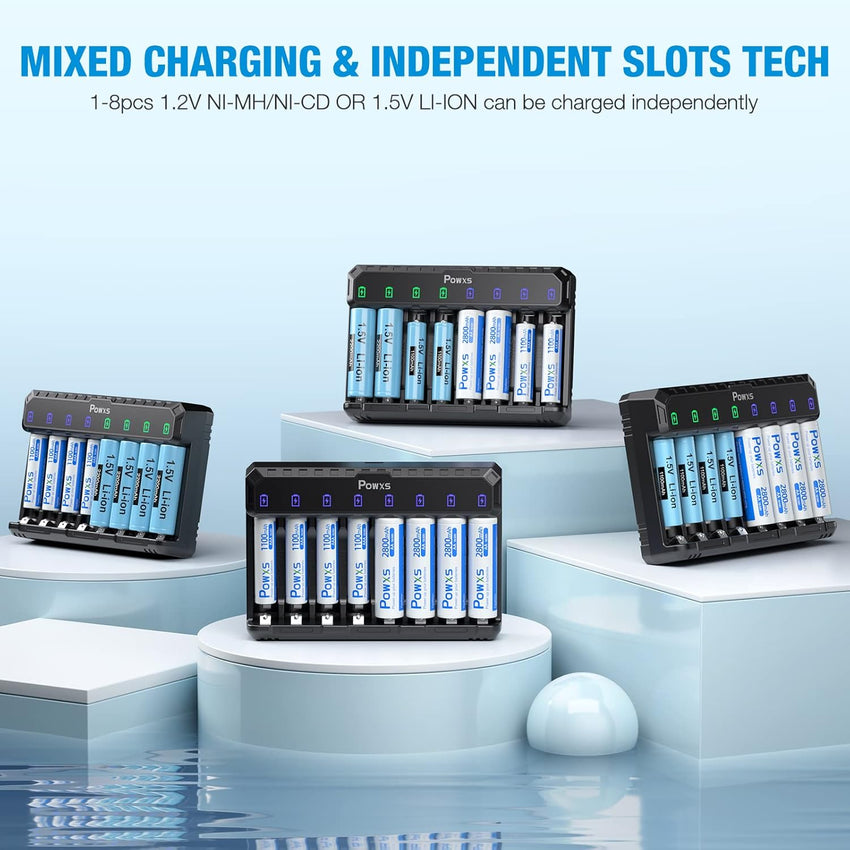 POWXS LED 8-slot Battery Charger for AA&AAA NI-MH NI-CD Lithium Rechargeable Batteries, Upgrade Intelligent AA AAA Battery Charger Type C and Micro USB Input, Fast Charging Function
