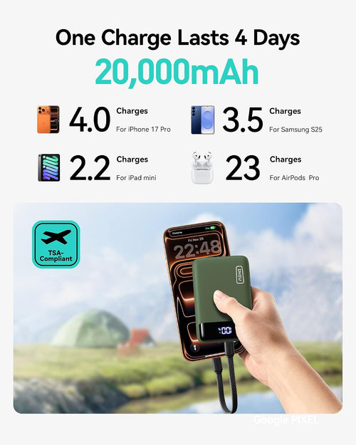 INIU 20000mAh Power Bank 22.5W PD3.0 QC4.0 USB-C Fast Charge Portable Battery Green