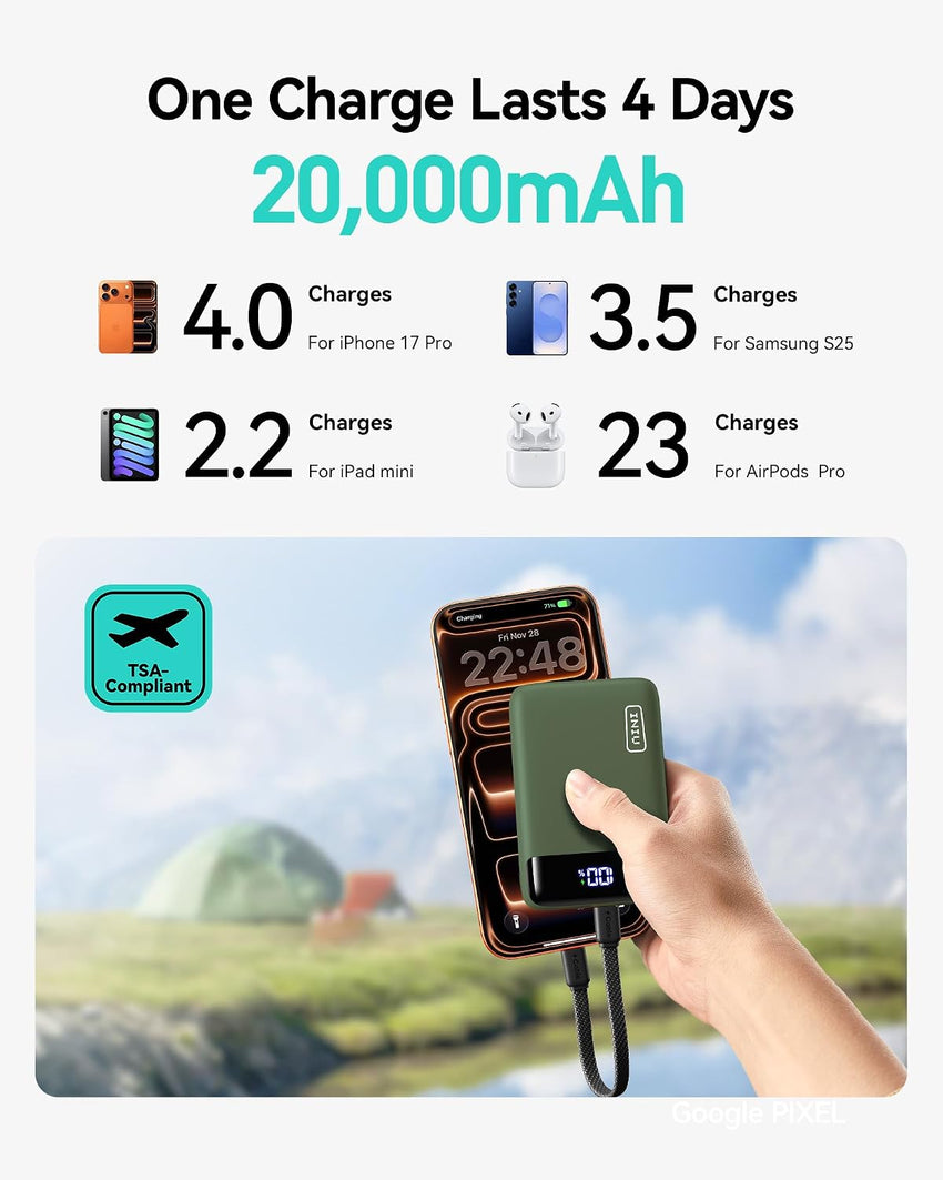 INIU 20000mAh Power Bank 22.5W PD3.0 QC4.0 USB-C Fast Charge Portable Battery Green