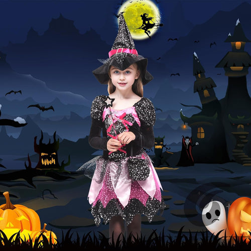 GEMVIE Halloween Witch Costume for Kids â Dress, Hat, Wand, Candy Bag