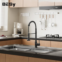 BESy Matte Black Kitchen Sink Tap, 2 Function Kitchen Sink Mixer Taps with Pull Out Spray, Brass High-Arc 360ÃÂ° Swivel Single Handle Spring Rv Kitchen Taps