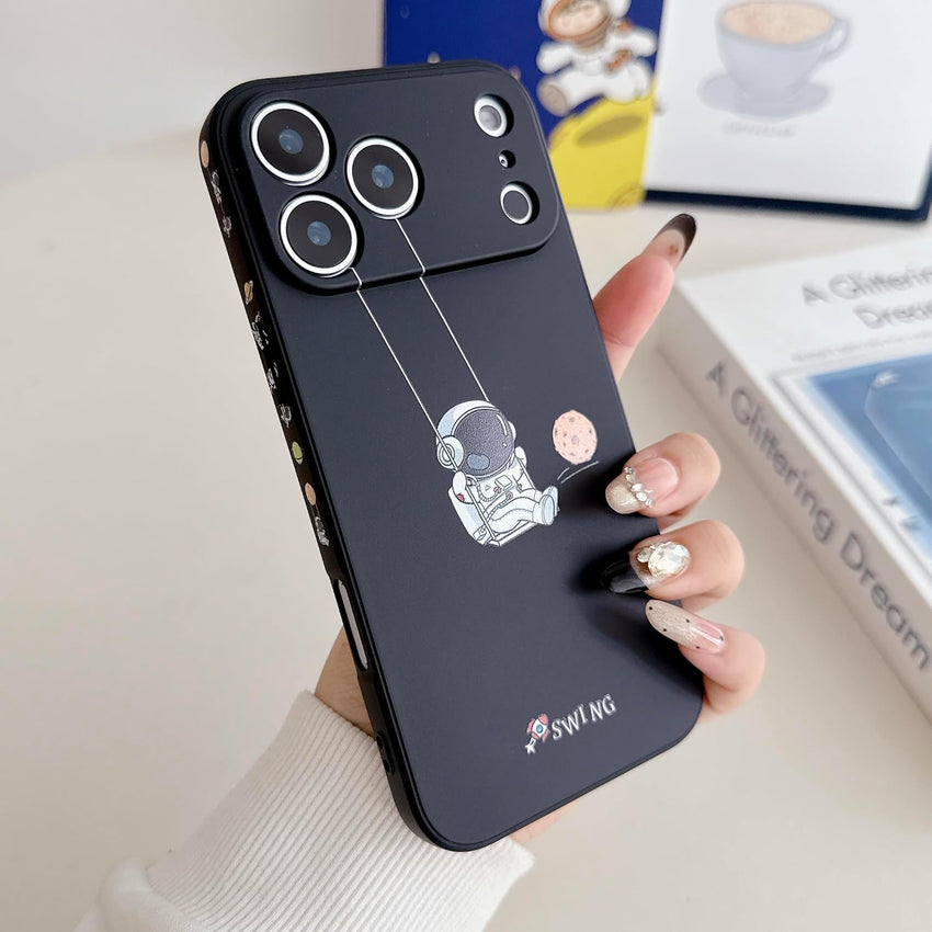 Yonds Queen for iPhone 17 Pro Max Cute Case, Cool Cartoon Swing Astronaut Planet Moon Design Stylish TPU Bumper Shockproof Anti-Slip Protector Fashion Case (Black Planet, iPhone 17 Pro Max)