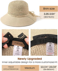 Womens Straw Sun Hat Wide Brim Crochet UPF50+ Foldable Packable Beige M-L