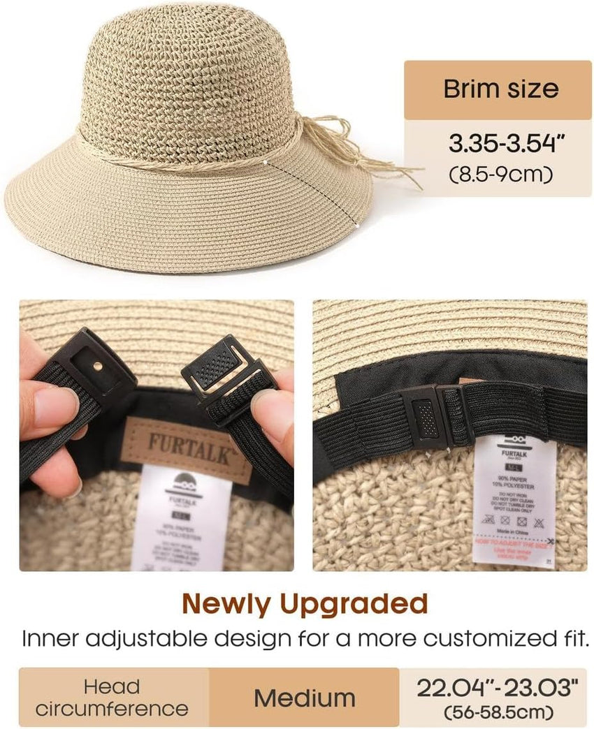 Womens Straw Sun Hat Wide Brim Crochet UPF50+ Foldable Packable Beige M-L