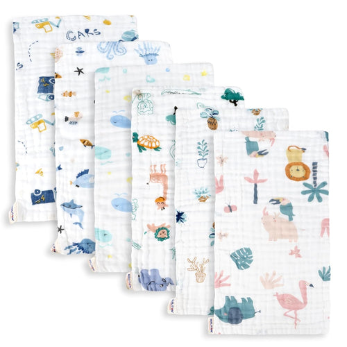 Maliton Muslin Cloths for Baby, 6 Pack Burp Cloths for Baby,100% Cotton 6 Layers Absorbent& Soft& Breathable Baby Muslins Pack,50x25CM Muslin Squares Baby Essentials for Newborn(Animals& Cars, 6 Pack)