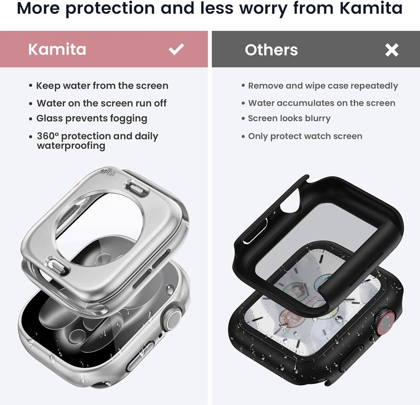 Kamita Waterproof Case Compatible with Apple Watch Series 11/Series 10 42mm, Hard PC Bumper Cases with Tempered Glass Screen Protector, All-Round Protective Cover for iWatch 11/iWatch 10 42 (Silver)