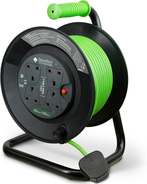 Desiretech - 4 Socket Extension Lead - 25m Portable Cable Reel - Thermal Cut Out, Ergonomic Handle, Green/Black - Heavy Duty Extension Cord for Indoor Use (25 Metre)