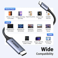 UGREEN USB C to HDMI 2.1 Cable 8K@60Hz 4K@240/144/120Hz Type C Thunderbolt 5/4/3 HDMI HDR Lead Compatible with MacBook iMac Mac Mini iPad Pro iPhone 17 16 Galaxy Tab 10 S25 Surface XPS Pixel 10(2M)