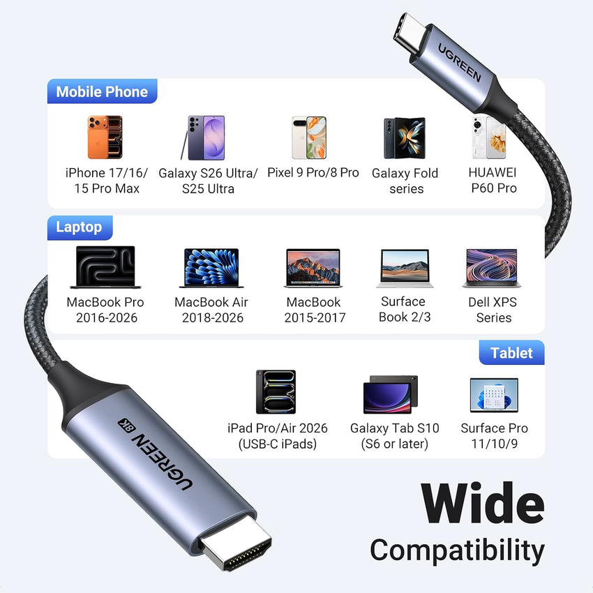 UGREEN USB C to HDMI 2.1 Cable 8K@60Hz 4K@240/144/120Hz Type C Thunderbolt 5/4/3 HDMI HDR Lead Compatible with MacBook iMac Mac Mini iPad Pro iPhone 17 16 Galaxy Tab 10 S25 Surface XPS Pixel 10(2M)