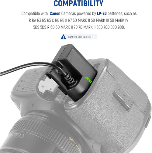 NEEWER Dummy Battery Replacement for LP-E6 LP-E6N LP-E6NH with DC Coupler and AC Power Adapter Compatible with Canon EOS R Ra R5 R5C R6 R6II R7 5D 6D 7D Mark II/III/IV 5DS 5DSR 60D 70D 80D 90D