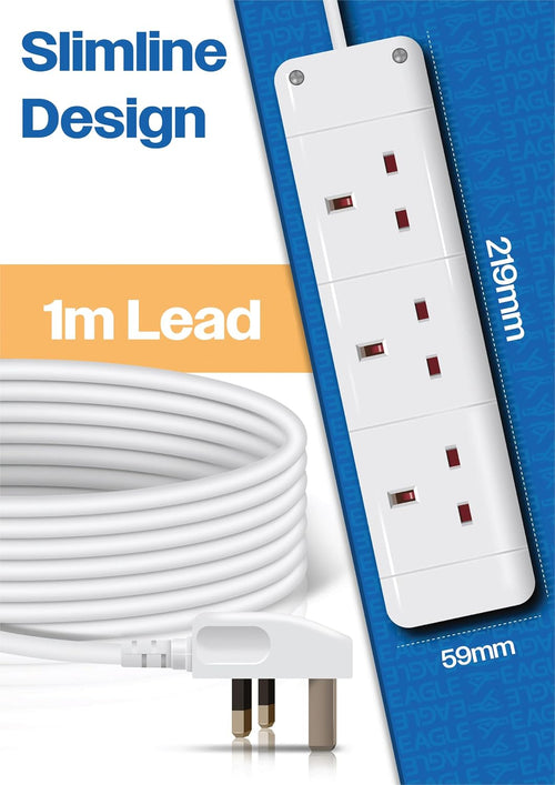 Eagle Three Gang Mains Power 13A Extension Socket to 13A UK Plug Lead Cable, British Standards BS1363 1m