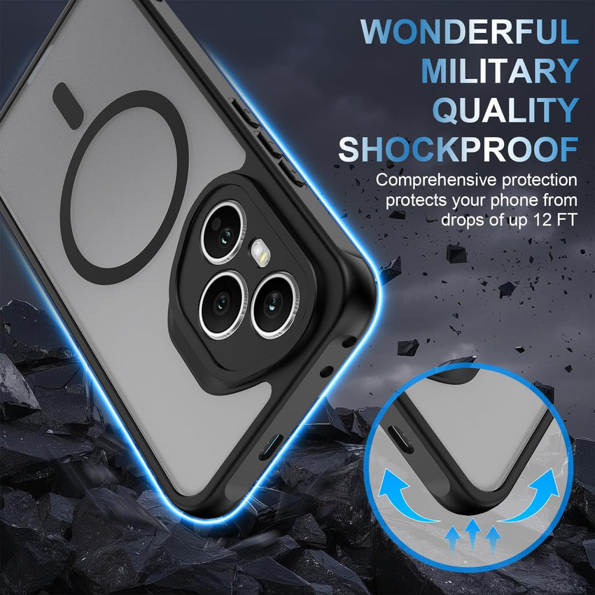 WQRTYJK Magnetic for Honor 400 Pro Case with Tempered Glass Screen Protector Matte Translucent Shockproof Protective Bumper Phone Cover (Black)