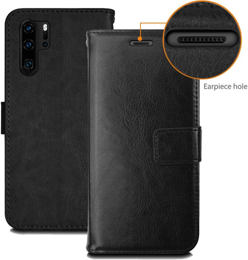 TECHGEAR Compatible with Huawei P30 Pro Leather Wallet Case, Flip Protective Case Cover with Card Slots, Kickstand and Wrist Strap - Black PU Leather fit Huawei P30 Pro