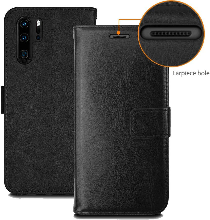 TECHGEAR Compatible with Huawei P30 Pro Leather Wallet Case, Flip Protective Case Cover with Card Slots, Kickstand and Wrist Strap - Black PU Leather fit Huawei P30 Pro
