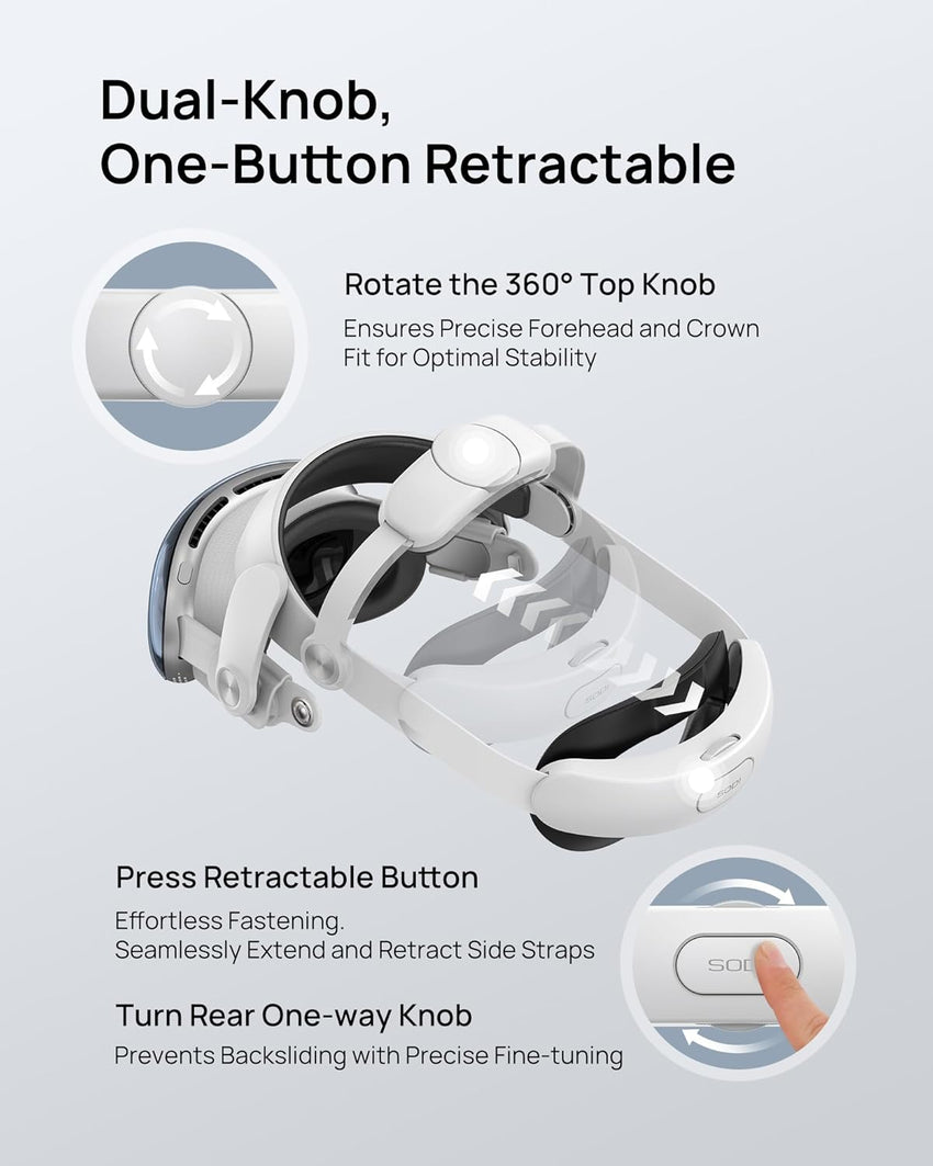 SODI Vision Pro VR Head Strap for Apple Vision Pro, Weight-Balanced Comfort, Pressure-Reducing, One-Button Retractable, Dual Knob Adjustment, Easy Installation, Wider Head Fit (white)