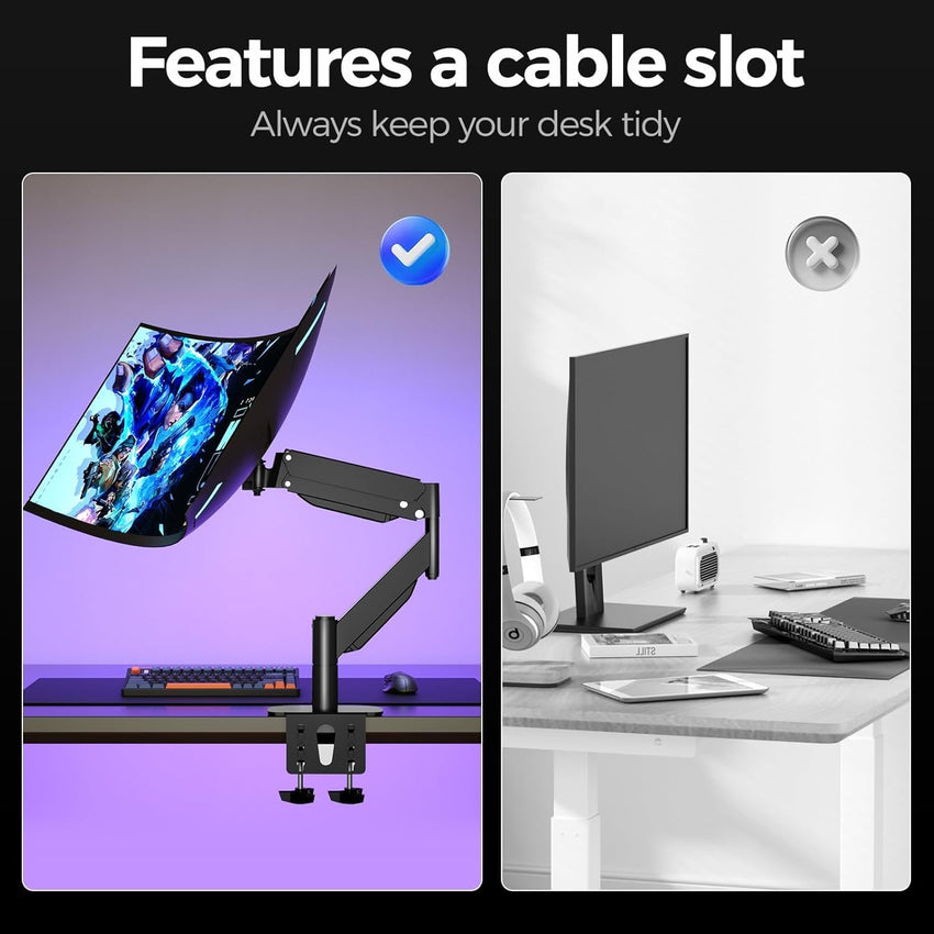 Suptek Single Monitor Arm 43 Heavy Duty Gas Spring Monitor Arm Desk Mount Holds up to 13kg, Tool Free Height Adjustable Screen Arm with Tilt Swivel Rotation, VESA 75/100mm, C-clamp/Grommet Options