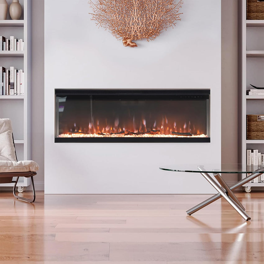 INMOZATA Electric Fire 60inch/152cm 3-Side Glass Display Media Wall Fire Recessed/Freestanding Electric Fireplace with 9 Colors Realistic LED Flame Effect Touch Remote Control & Overheat Protection