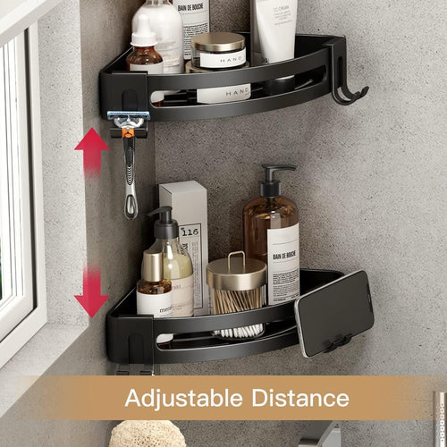 Voldra Corner Shower Caddy No Drilling, Shower Shelf Coner Adhesive Bathroom Corner Shelves with 4 Razor Hooks Shower Corner Shelf No Drill Bathroom Organiser Storage Wall Mounted(2-Pack, Black)
