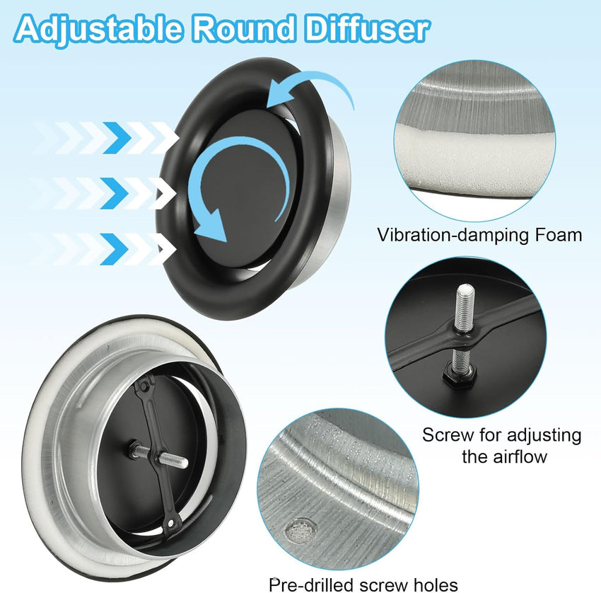 Round Ceiling Diffuser Metal Adjustable Air Vent Duct Cover Set of 2 Black
