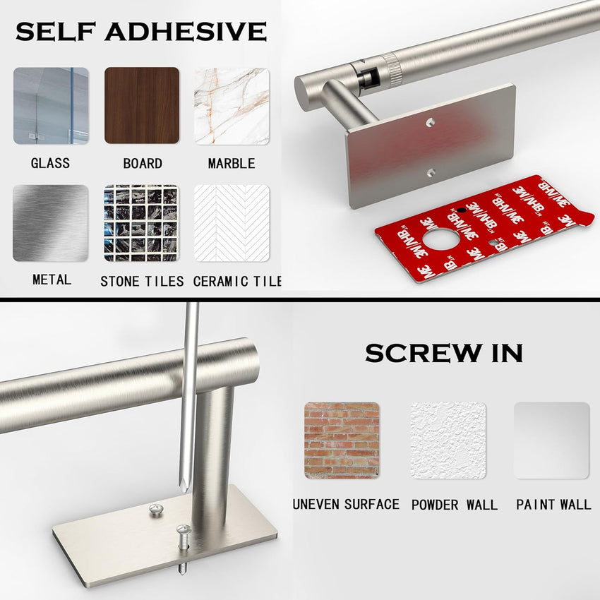 WZRUA Kitchen Roll Holder Under Cabinet, Self Adhesive or Wall Mounted Paper Holder, Brushed Nickel Double Post Pivoting Stainless Steel Kitchen Roll Holder (Square Base)