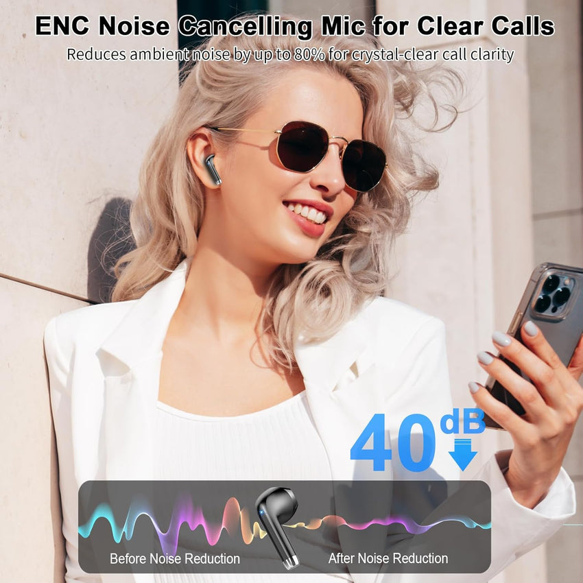 Wireless Earbuds, Bluetooth 5.3 Headphones with 4 ENC Noise Cancelling Mic, HiFi Stereo Deep Bass, 40H Playtime, IP7 Waterproof Bluetooth Earphones, Bluetooth Earbuds Dual LED Display, USB-C, Black